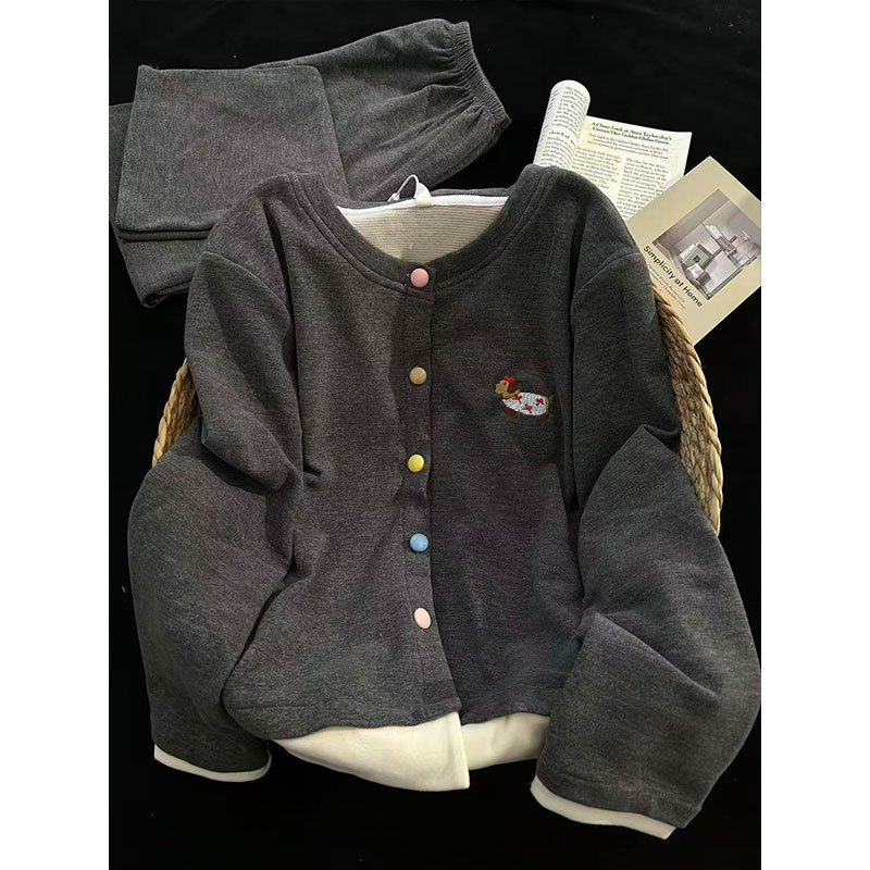 带胸垫灰腊肠狗睡衣女款秋冬季保暖蚕丝绒加厚长袖套装少女家居服