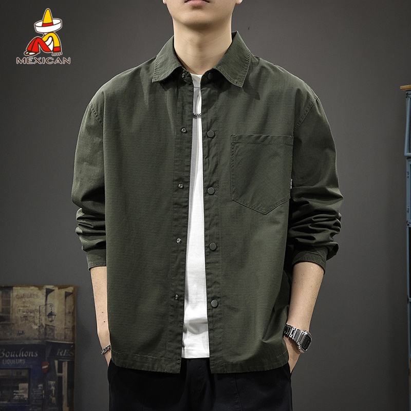 Mexican/稻草人美式纯色长袖衬衫男秋季复古衬衣宽松纯棉休闲外套