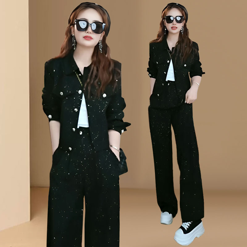 春秋新款设计感时尚洋气套装女气质亮女装闪闪上衣配阔腿裤两件套