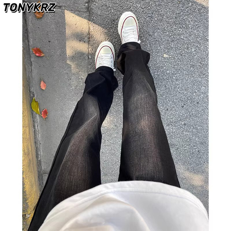 TONYKRZ黑色渐变牛仔裤男美式复古vibe裤子潮牌直筒弯刀微喇长裤