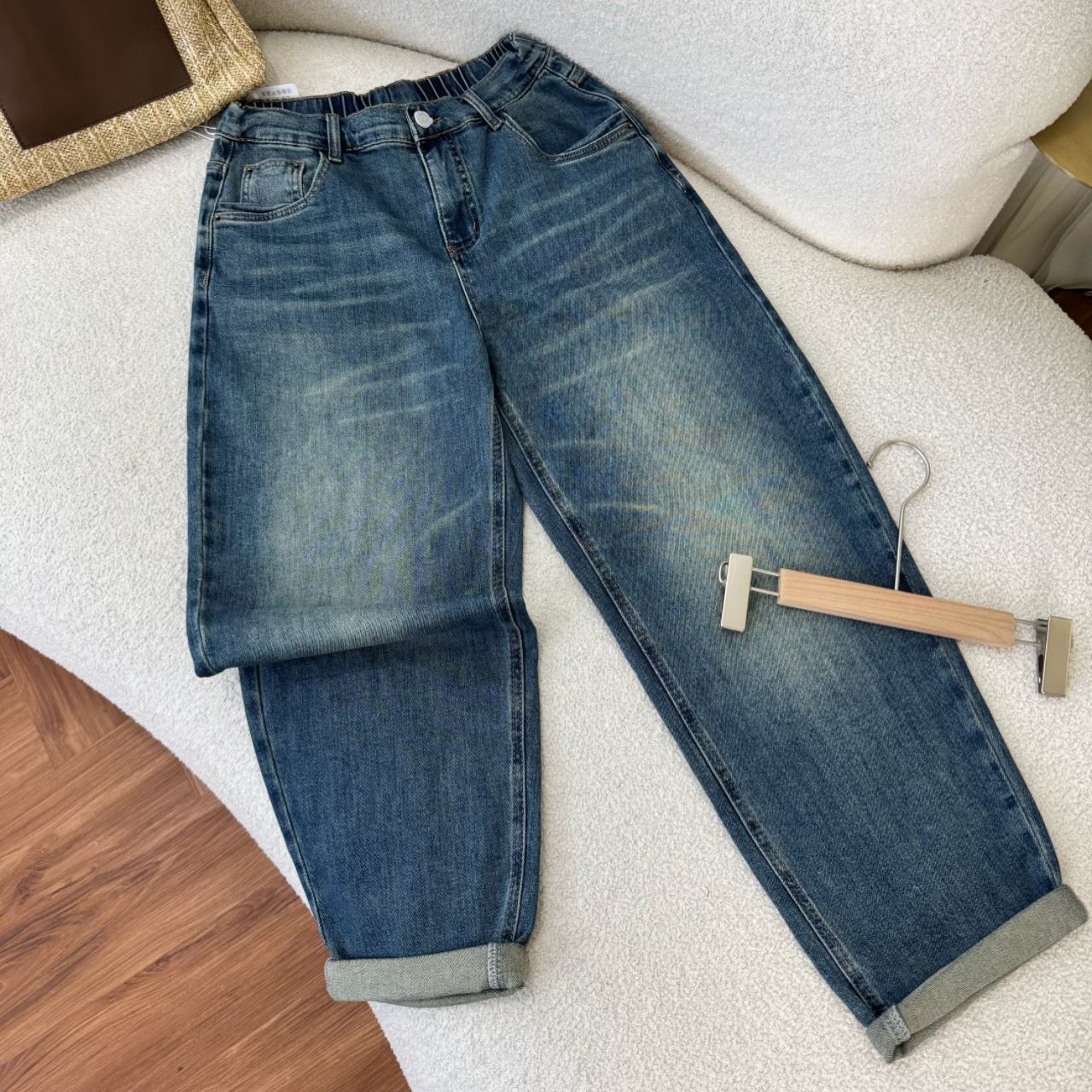 汐家女裤 秋季新款松紧高腰深蓝色弹力男友牛仔裤大码休闲老爹裤