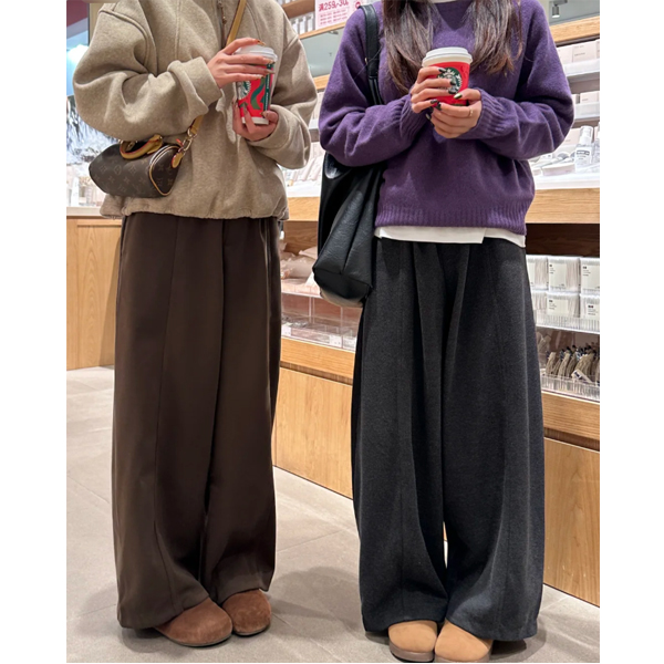 慵懒风深灰色毛呢休闲裤女秋冬加绒大码胖mm高腰宽松显瘦阔腿长裤