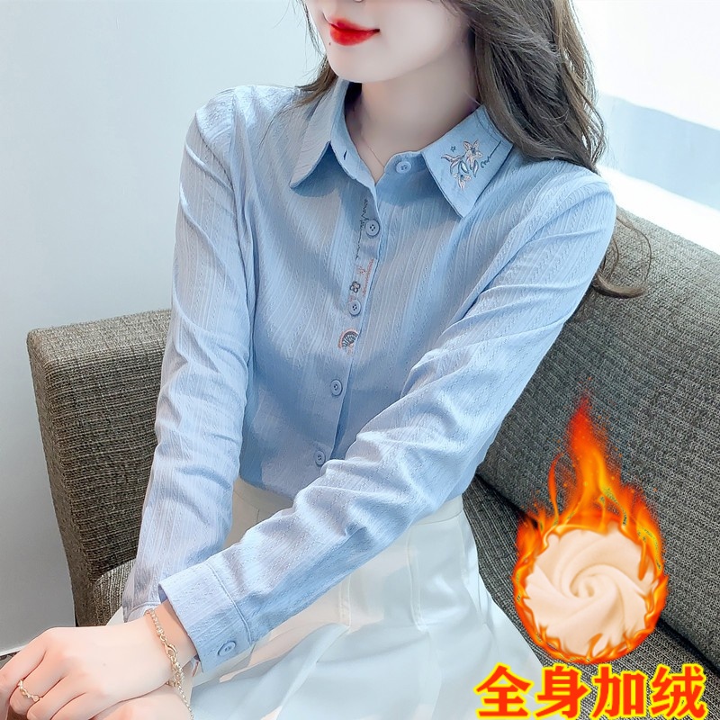 秋冬季女装2025年新款女刺绣纯棉衬衫女洋气全棉衬衣加绒保暖上衣