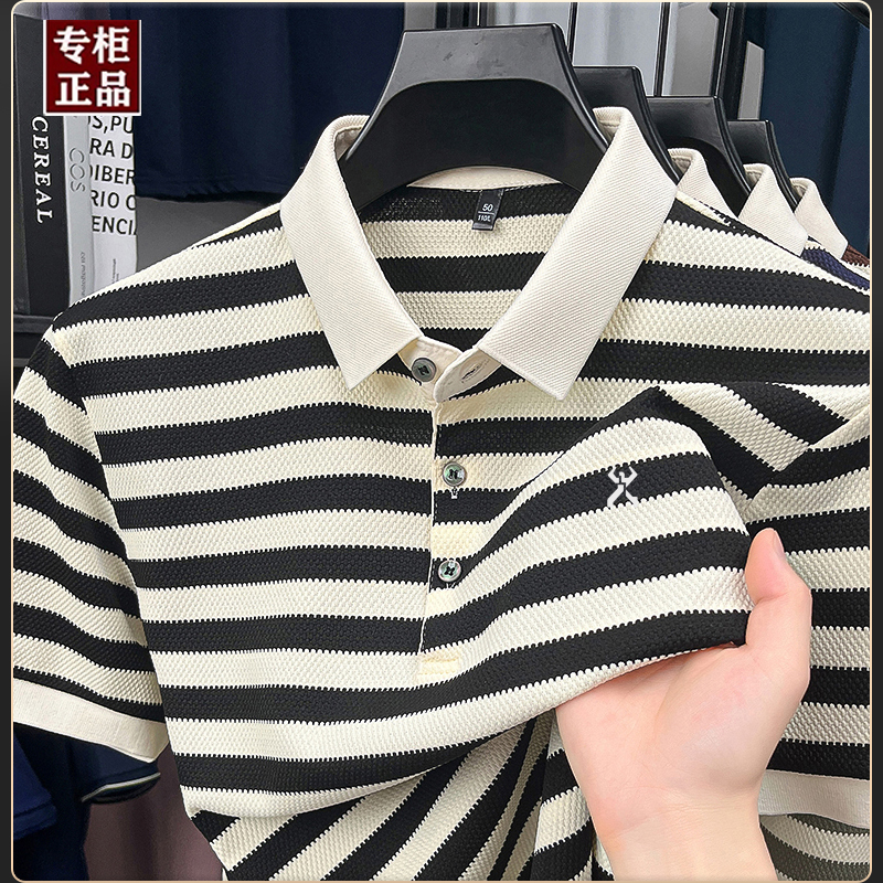 劲霸世家夏季男士菠萝纹条纹POLO衫时尚休闲高级感百搭短袖T恤潮