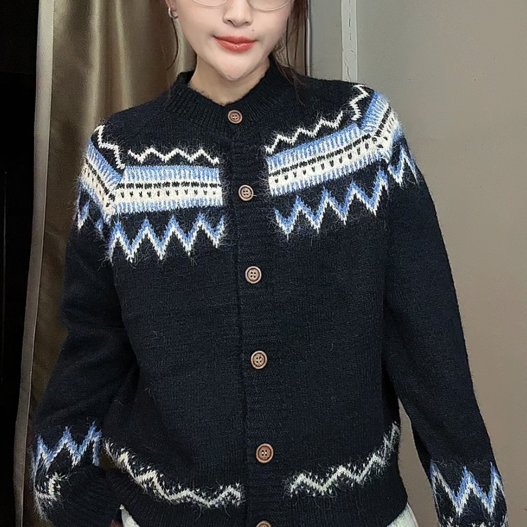 针织拼色冬季秋季慵懒风毛针织衫小香风提花气质上衣