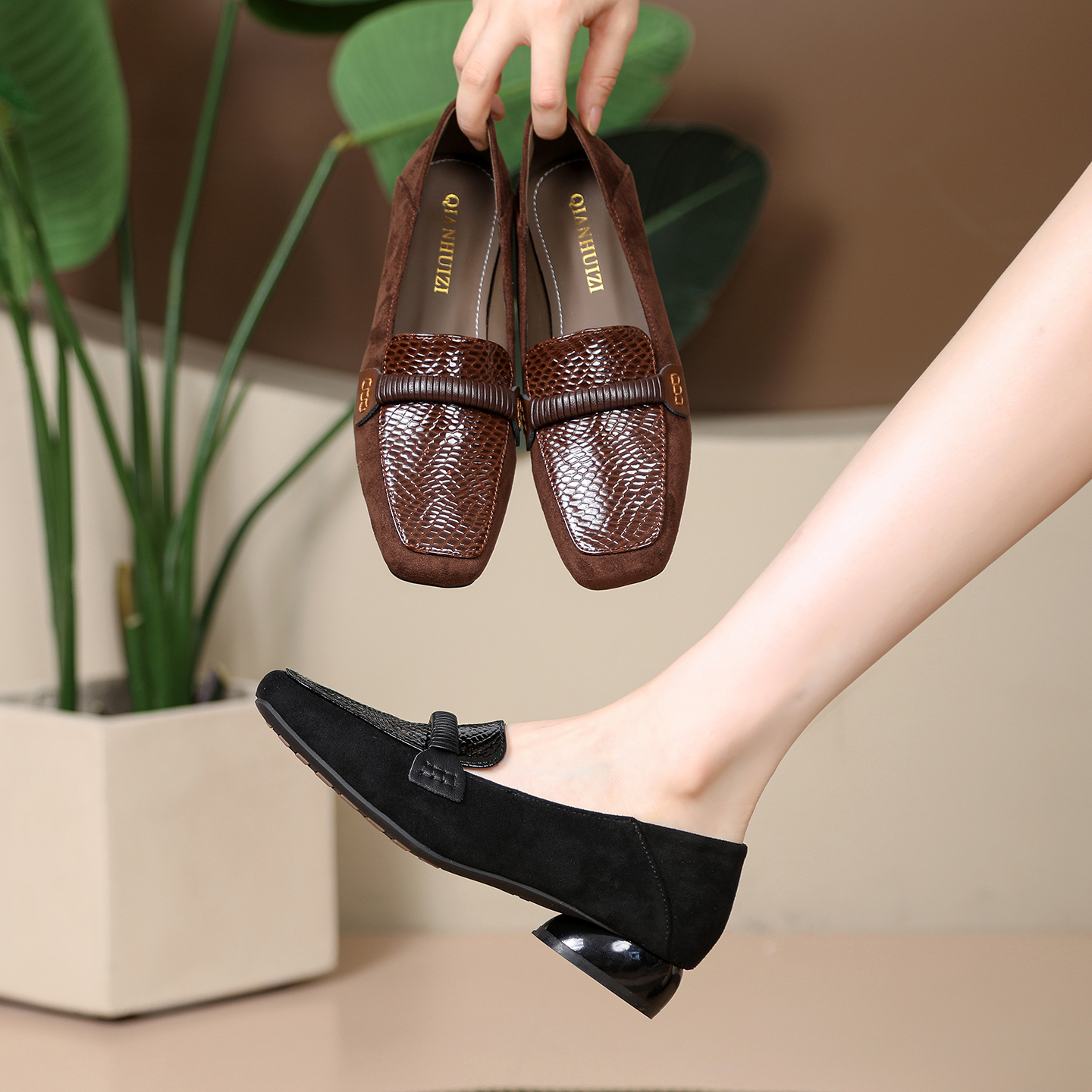 耐磨休闲风极简风秋季方头单鞋百搭低跟春季时尚亮面25-2