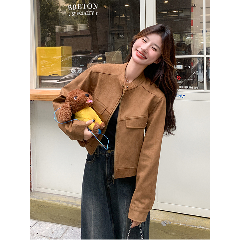 美德拉咖色麂皮绒外套女春秋季2025时尚休闲小个子甜酷炸街短夹克