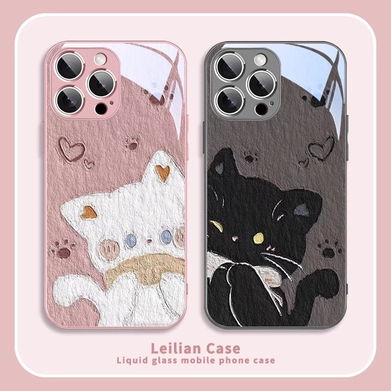 黑白猫咪适用于苹果/华为/小米/vivo/OPPO油画卡通可爱情侣手机壳