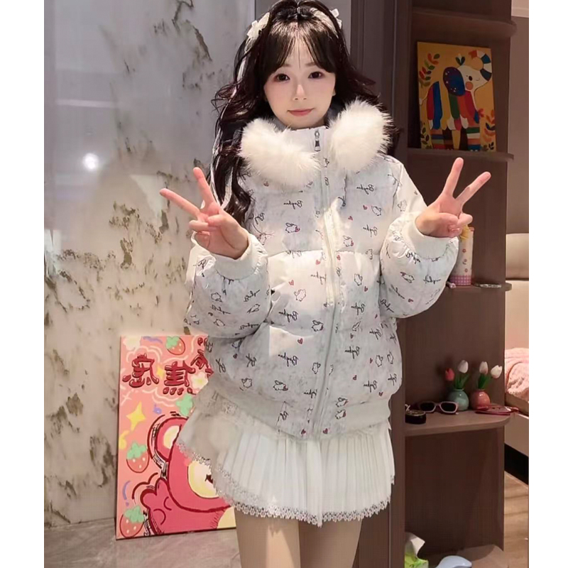R棉服女冬季新款毛领连帽短款棉衣棉袄小个子加厚外套
