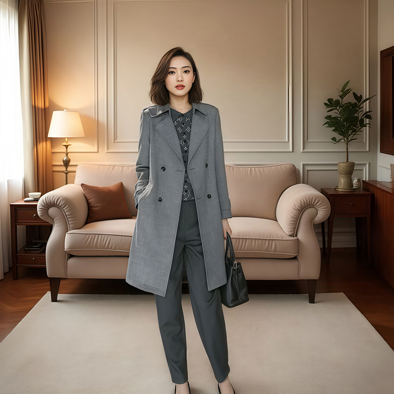 秋季常规休闲风风衣常规款中长款春秋气质时尚宽松灰色韩版翻领