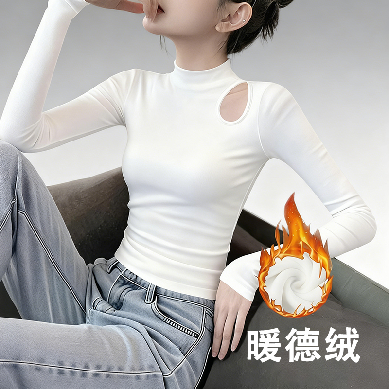 德绒半高领打底衫女镂空长袖秋冬内搭高级感黑色螺纹简约黑色上衣