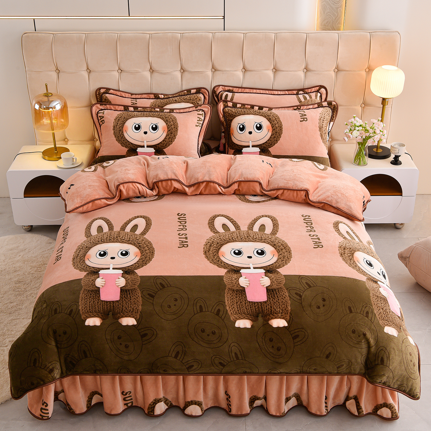 新款高克重牛奶绒被套床裙款防静电床上用品套件秋冬保暖绒四件套