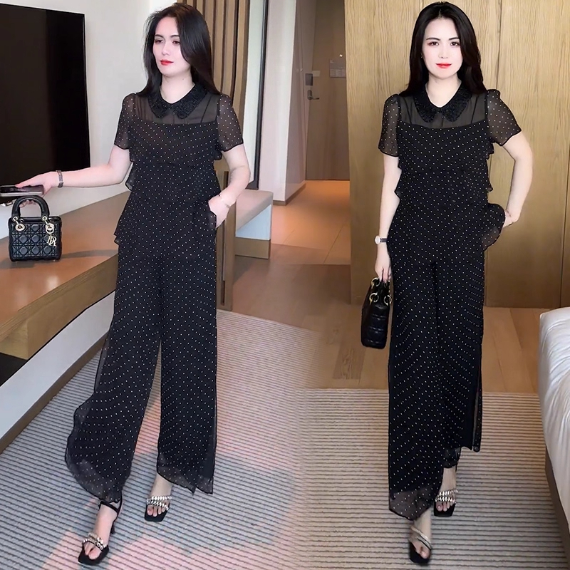 雪纺时尚套装女2025夏季新款洋气显瘦波点短袖上衣阔腿裤两件套潮