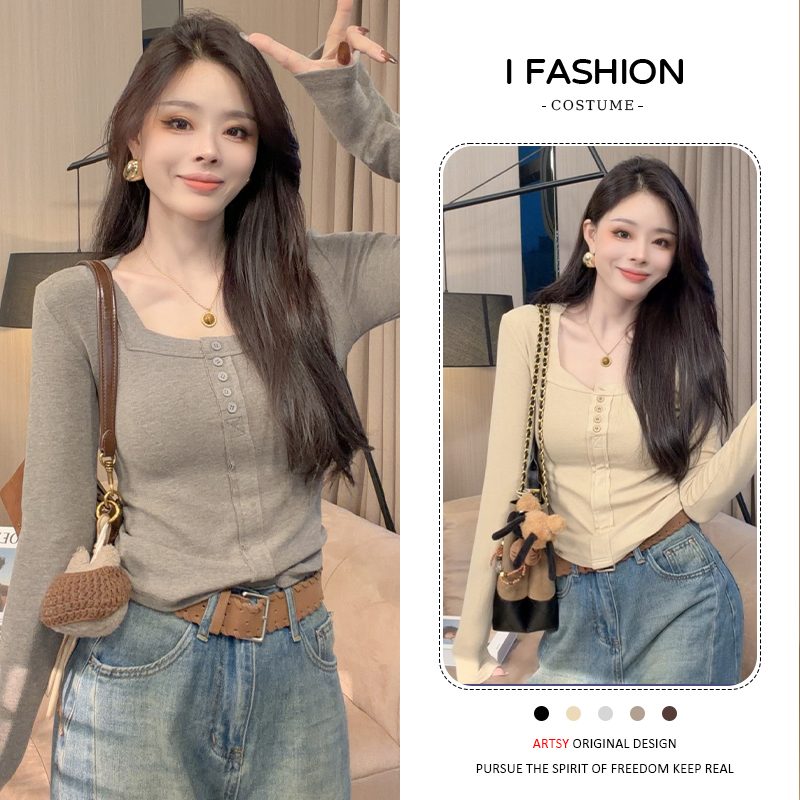 韩版方领长袖t恤女2025春秋新款简约风洋气百搭修身显瘦打底上衣