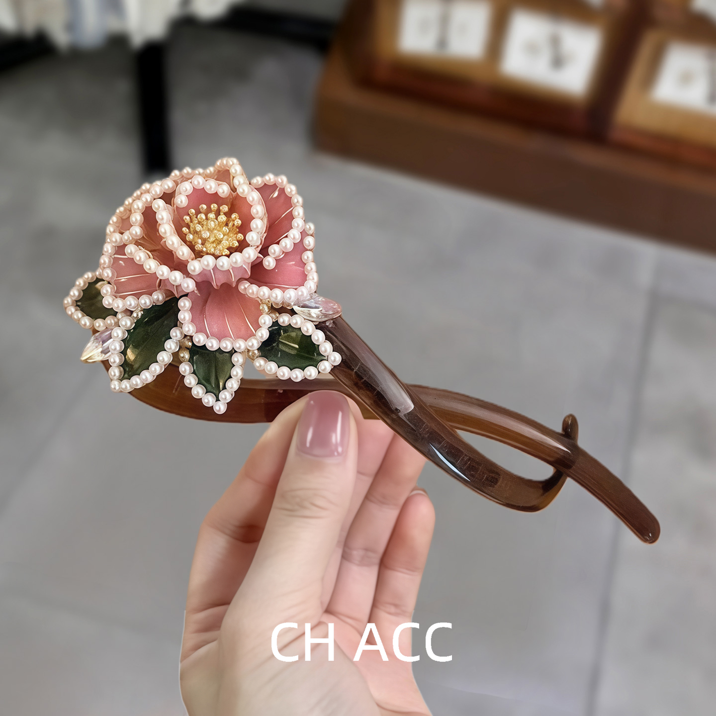 富贵人间花~古风牡丹珍珠扭扭夹新中式气质后脑勺盘发马尾夹发饰