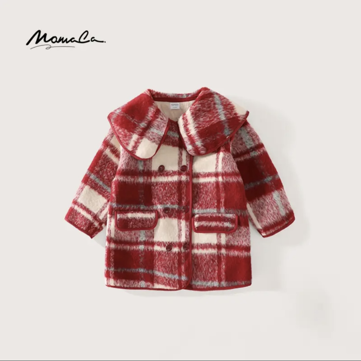 MOMOCO冬季新款女童时尚洋气甜美毛呢格子中长款外套75830126005
