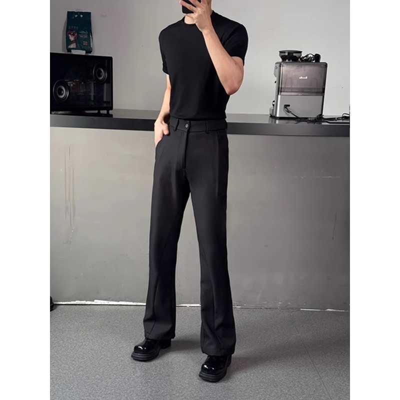 cleanfit穿搭显瘦微喇西裤男款秋冬美式斜切条纹加绒黑色直筒裤子