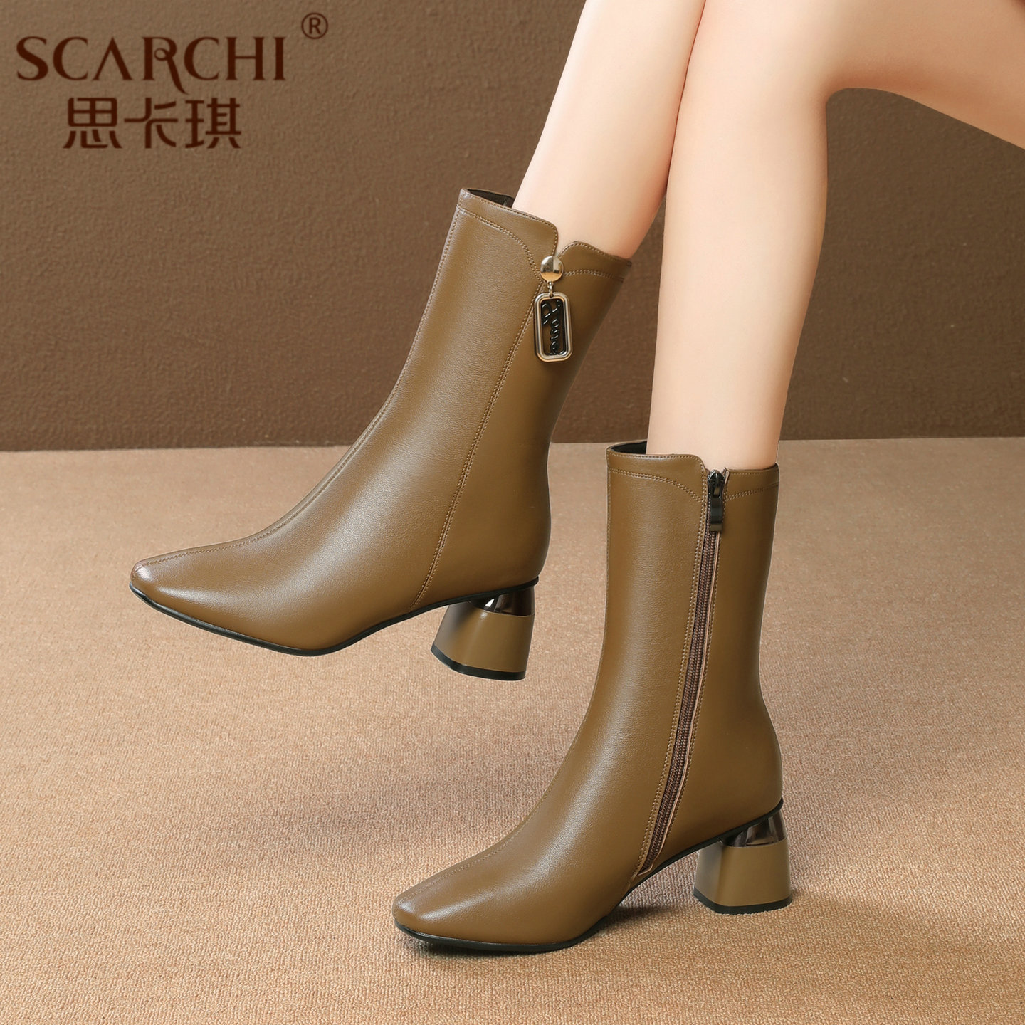 秋冬新款棕色复古加绒英伦风不累高跟中筒靴短靴马丁靴女真皮靴子