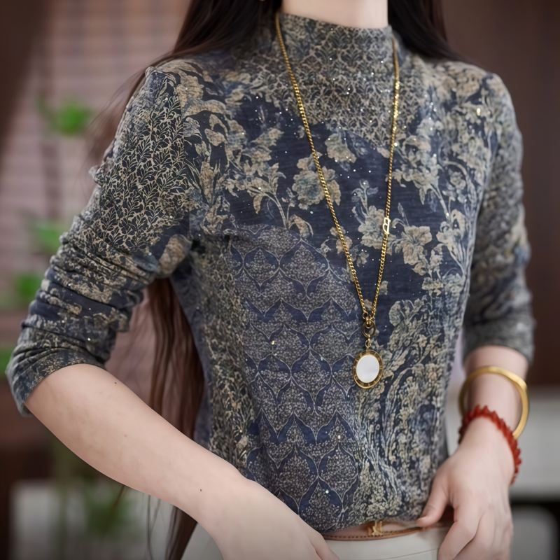 【洒银亮片】德绒时尚印花打底衫长袖t恤秋冬新款半高领内搭上衣