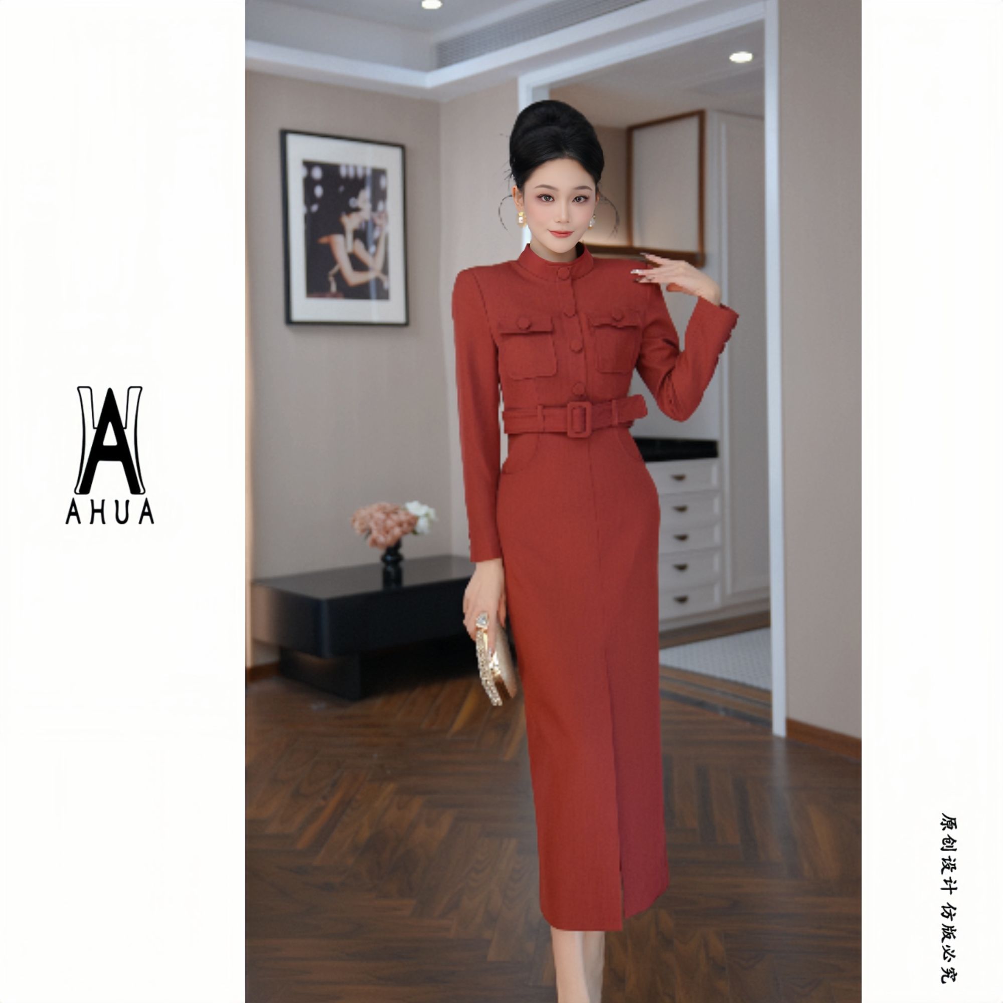 【花花原创】长款连衣裙气场强大圆领修身开叉长袖新款复古61127