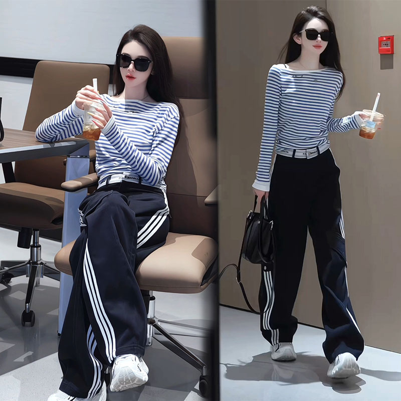 2025秋夏一字领条纹长袖t恤打底衫三条杠高腰窄版阔腿裤两件套装