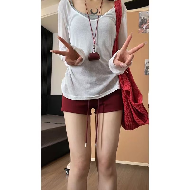 美式灰色蚂蚁腰抽绳短裤女2025夏季新款a字高腰修身休闲运动裤子