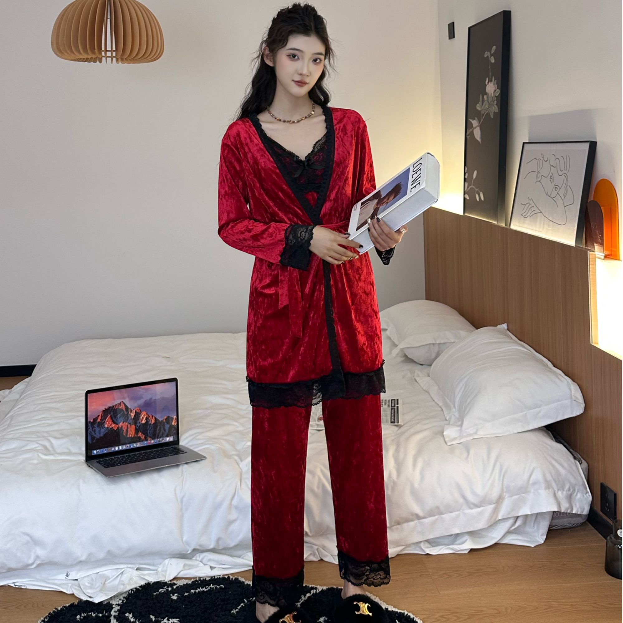 秋冬三件套睡衣女蕾丝性感长袖外披坎肩长裤带胸垫家居服套装1136