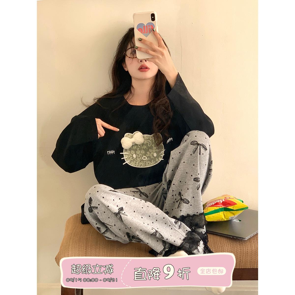 甜美蝴蝶结波点睡衣套装长袖纯棉女春秋新款休闲可外穿家居服