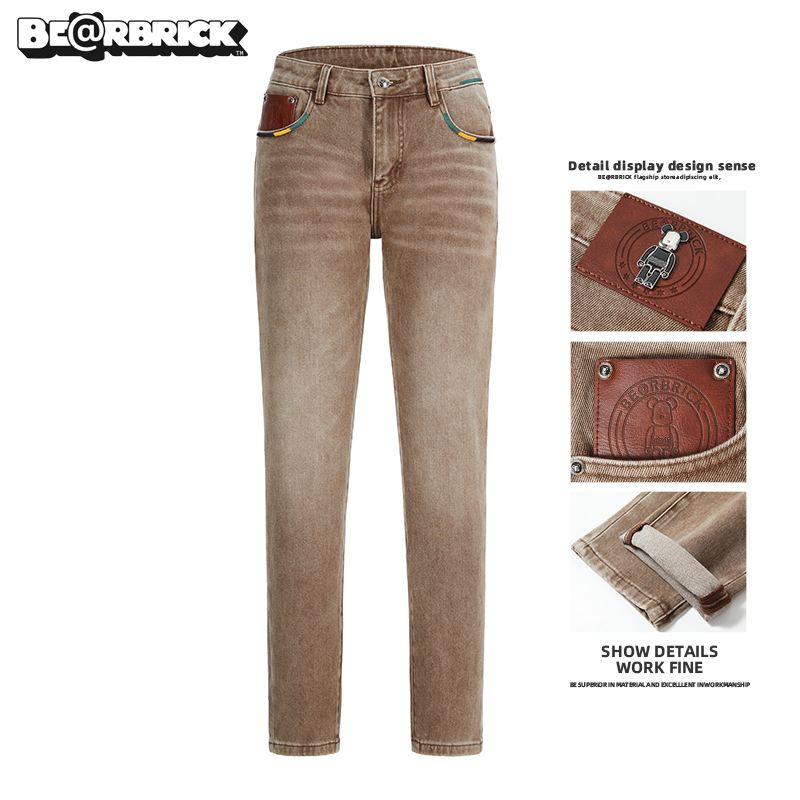 积木熊Be@rbrick【明星同款】手绘牛仔裤男士秋冬季潮流修身裤弹力
