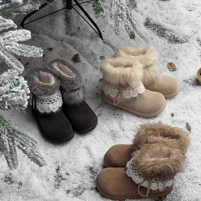 费尔岛毛毛雪地靴女款2025新款冬季加绒加厚棉鞋厚底短靴