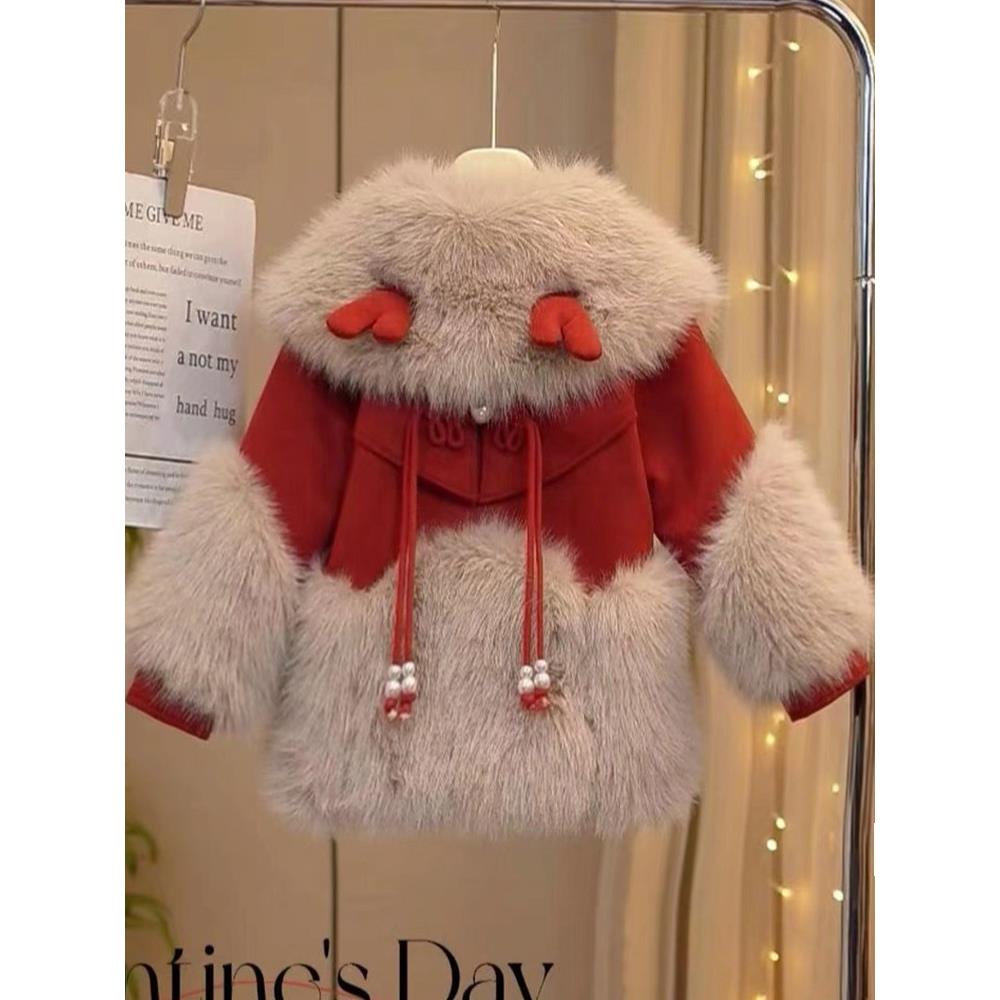 女童外套加厚2025新款冬季大衣儿童新年衣服童装加绒红色过年服