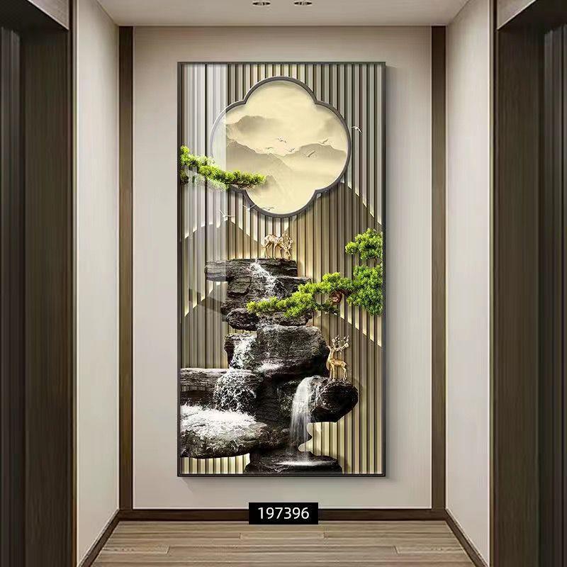 流水生财玄关装饰画山水迎客松入户走廊过道壁画客厅竖版墙上挂画
