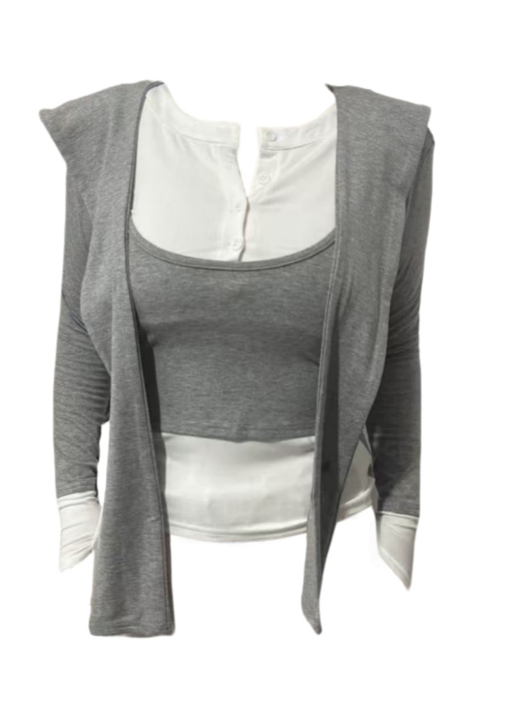 【Amy家】微胖mm假两件撞色拼接长袖上衣女秋季新款修身显瘦披肩T恤