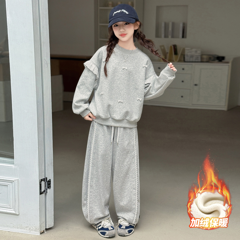 秋冬童装加绒套装2025新款儿童韩版女孩加厚花边卫衣休闲阔腿裤