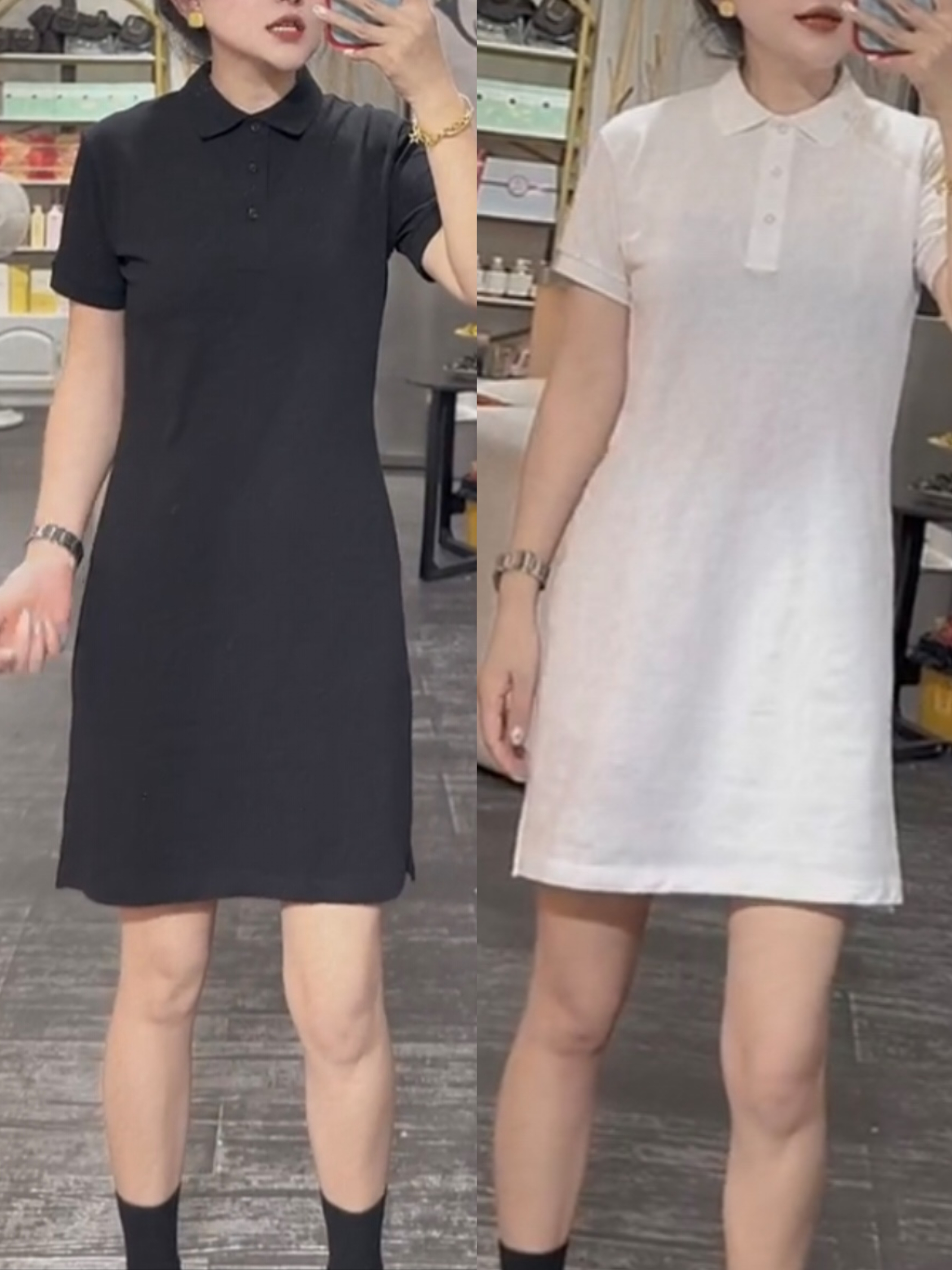 夏季新款休闲简约连衣裙短袖Polo领开叉洋气减龄宽松显瘦女裙