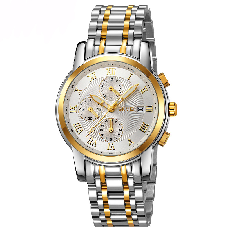 三眼六针钢带手表男表夜光日历防水石英表计时秒表轻奢时尚潮腕表