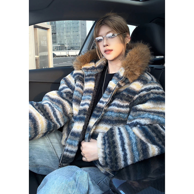 美式复古费尔岛毛领棉衣男冬季高街加厚保暖连帽棉服潮牌痞帅外套