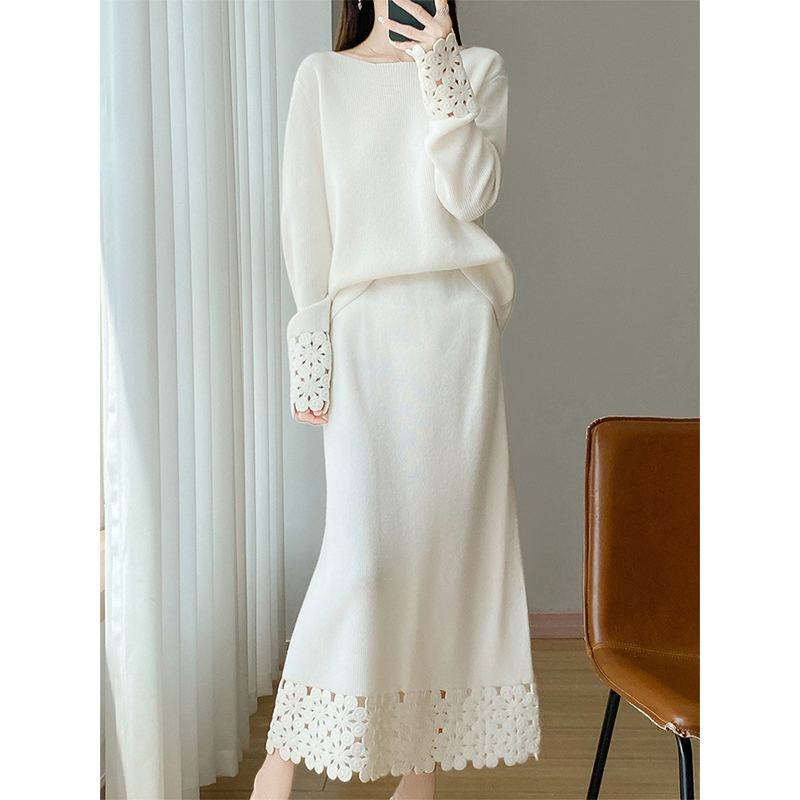纯羊毛复古休闲针织套装秋季套装女款爆款2025新款镂空毛衣两件套