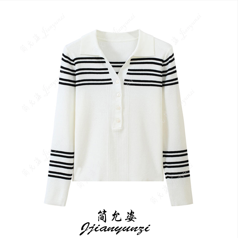 黑白条纹撞色Polo领长袖针织衫毛衣女秋冬季洋气减龄外穿打底上衣