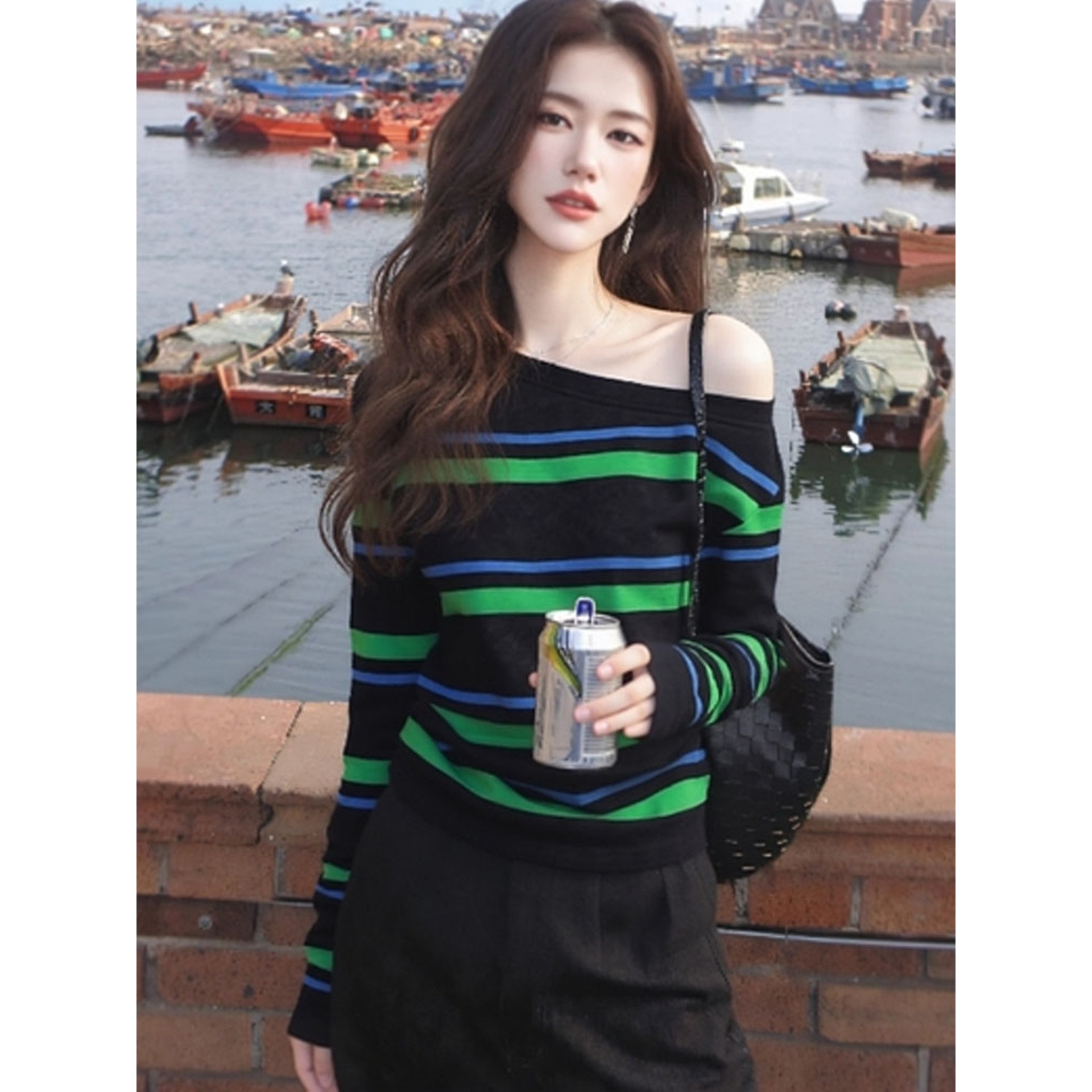 独特超好看上衣韩系慵懒风松弛感小众不撞款斜肩条纹T恤打底衫秋