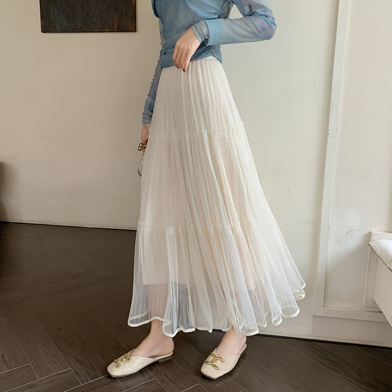 白色网纱半身裙女夏新款高腰显瘦a字百褶裙中长款垂感气质纱裙A字
