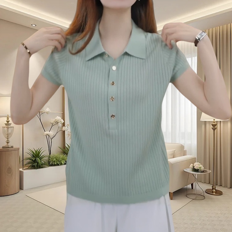 2025夏季女通勤简约设计感T恤短袖百搭法式纯色POLO领针织衫上衣