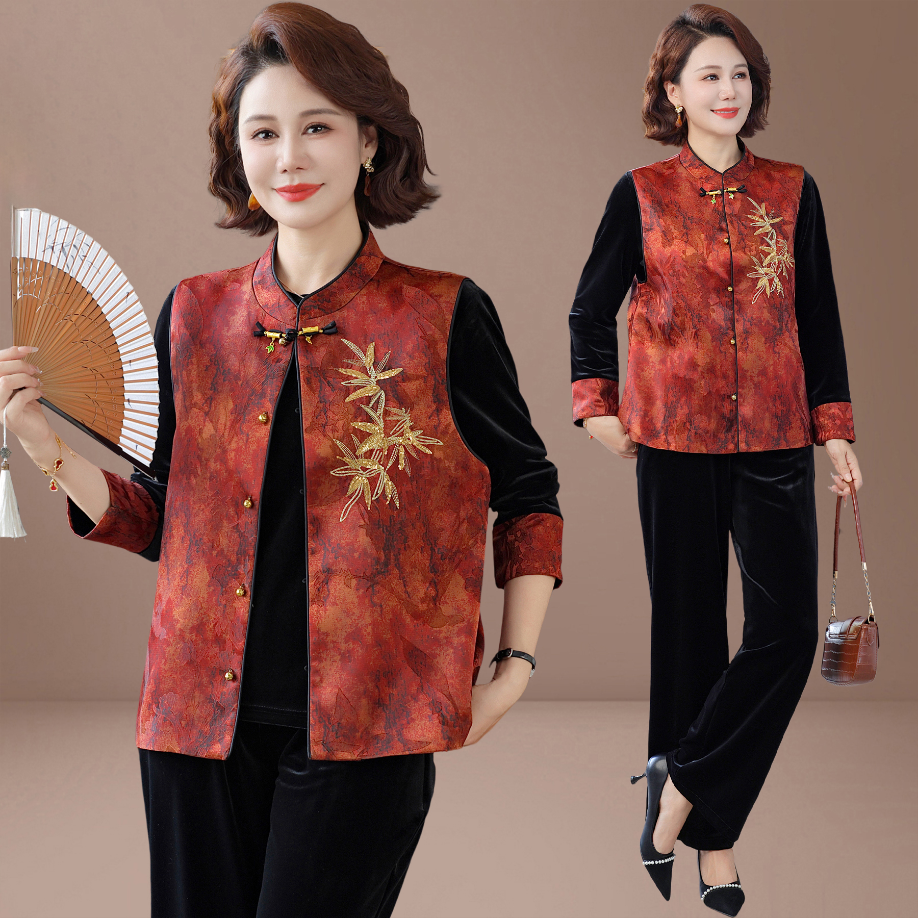 新中式妈妈秋装金丝绒套装2025新款中老年女春秋中国风三件套