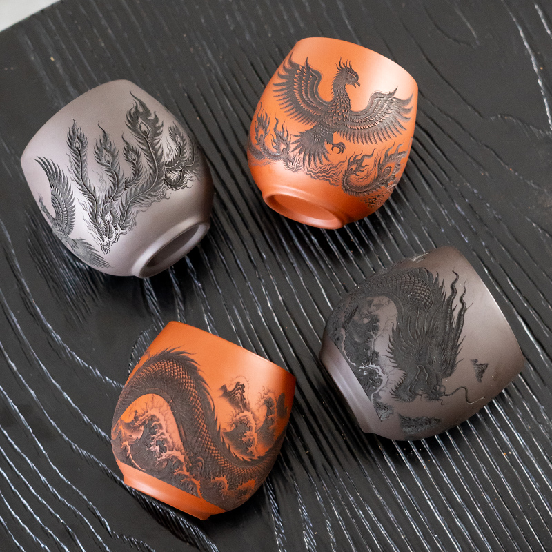 宜兴紫砂茶具原矿泥料刻绘山水楼阁花鸟龙凤大主人杯高档公道杯