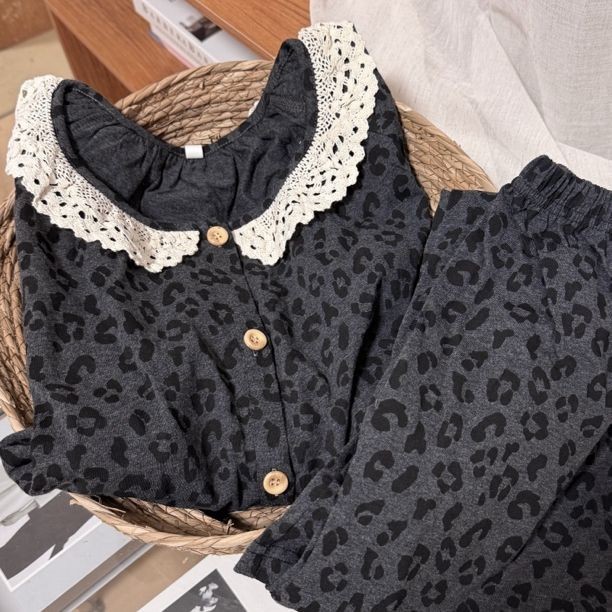 小羊家纯棉花灰豹纹套装春秋宽松显瘦大码甜美舒适睡衣女家居服