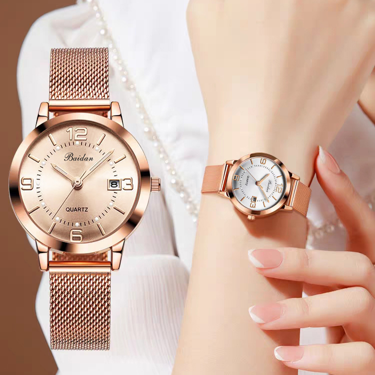 正品女士手表韩版新款休闲时尚潮流日历网带防水石英表夜光腕表