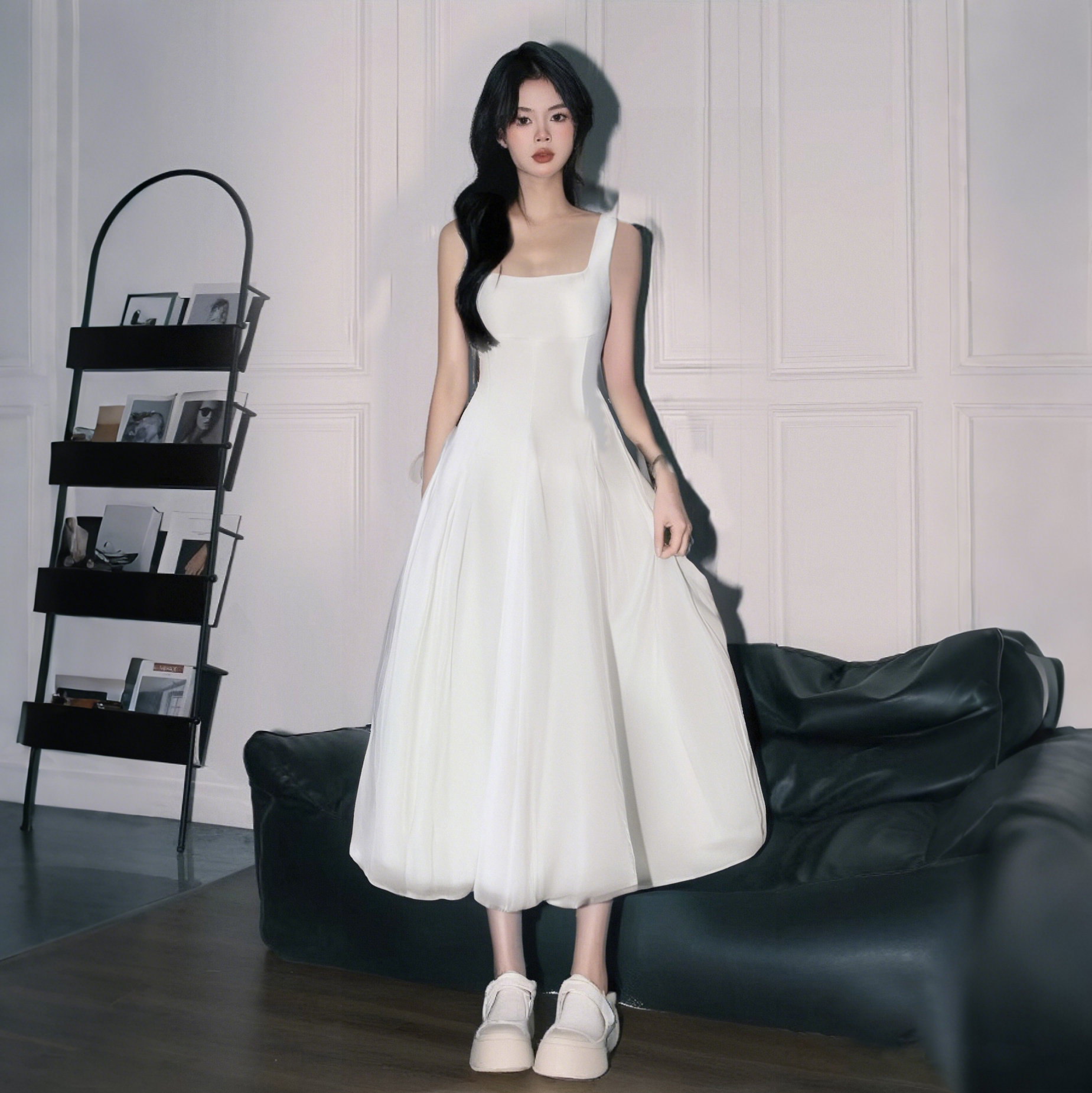 A【有里布】显瘦网纱蓬蓬仙女裙初恋白色吊带连衣裙女小礼服D0848