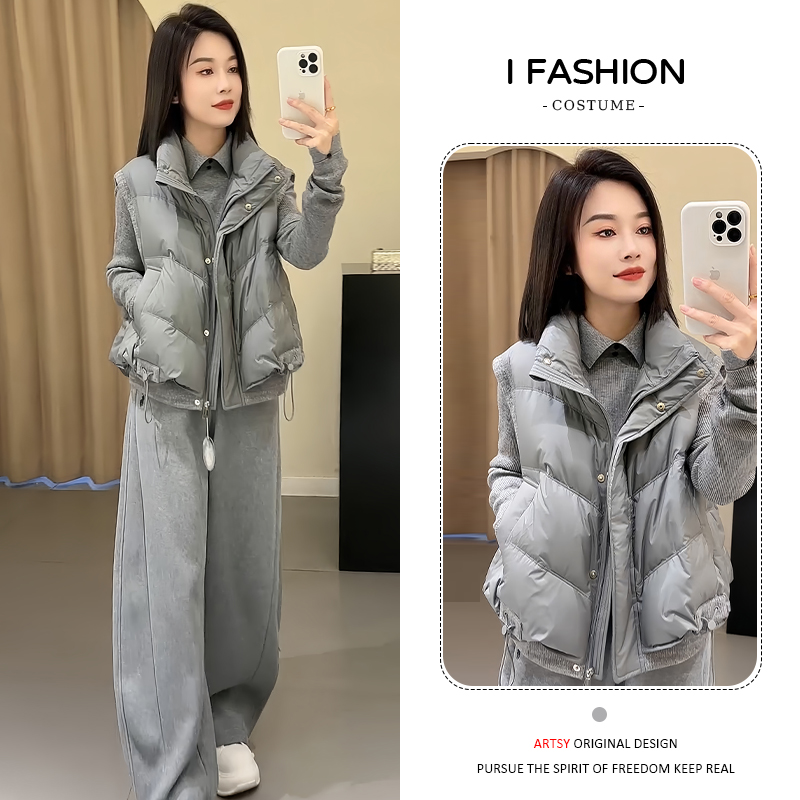 高级感时尚百搭套装女2025年冬季加厚保暖马甲打底衫阔腿裤三件套