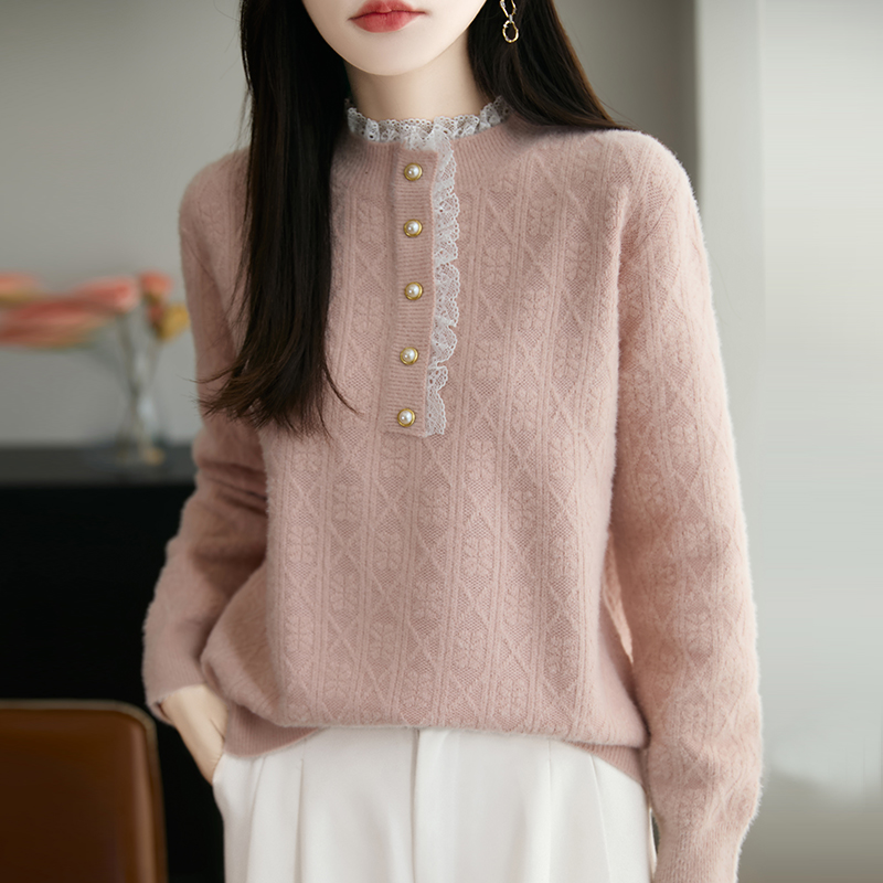 时尚品牌女装秋冬珍珠扣精纺针织衫蕾丝领百搭内搭保暧打底衫厚款