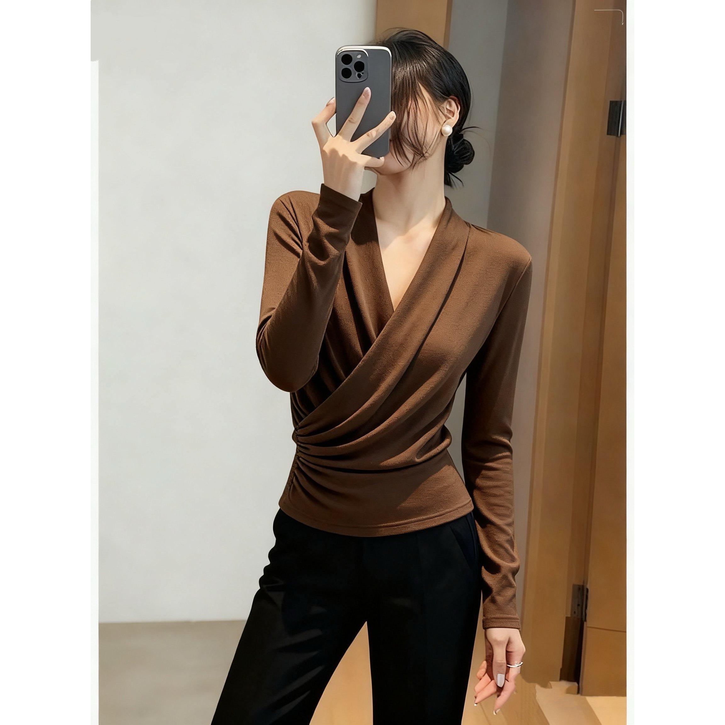SS3097不规则纯欲风v领长袖t恤女秋季设计感收腰显瘦内搭打底衫